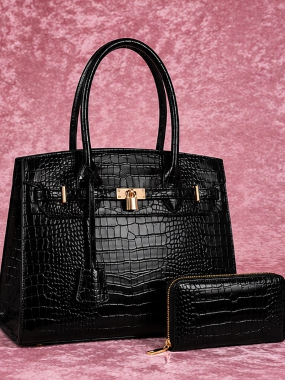 TU.LUXE “Madison” Leather Birkin-Style Bag w Crossbody Strap, black alligator